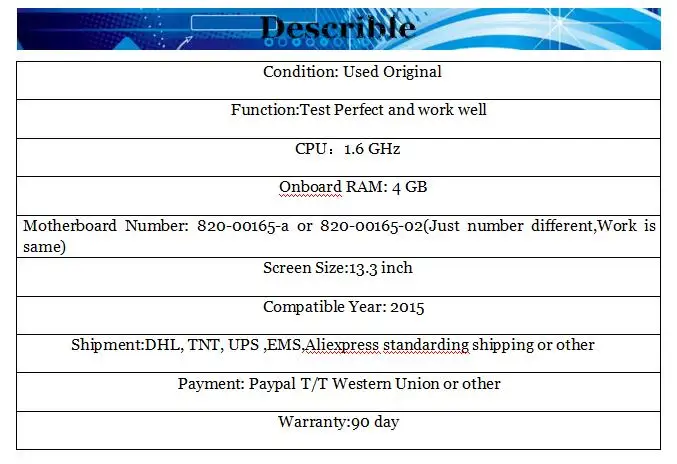 A1466 Логическая плата для Macbook Air 1" материнская плата I5 1,6 ГГц 4 Гб год 820-00165-A или 820-00165-02