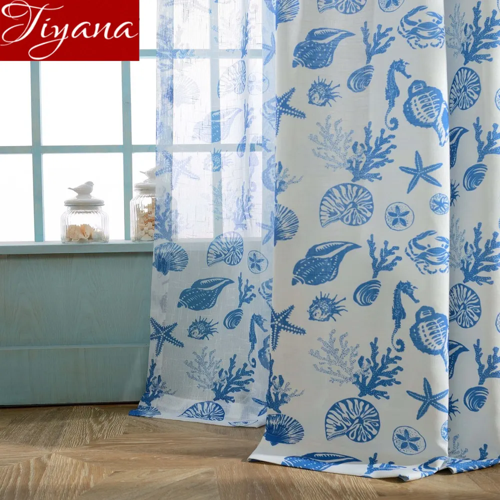 

Curtain for Living Room Sea Animal Pattern Blue Cartoon Window Bedroom Treatment Sheer Fabrics Linen Curtain Tulle X355 #30