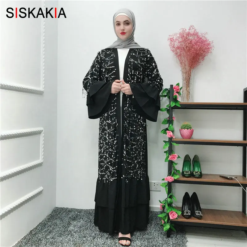 

Siskakia Muslim Abaya Black Sequins Patchwork Double layer Flare Sleeve Ruffles Patchwork Cardigan Robes Fashion Ramadan Tunics