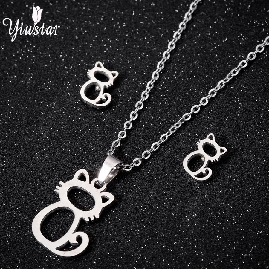 

yiustar Silver Pendant Necklaces Cat Stud Earrings For Women Jewelry Sets Hollow Out Animal Stainless Steel Choker Earrings Sets