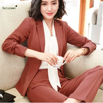 

2 Piece Caramel Pant Suits Formal Ladies Office OL Uniform Designs Women Elegant Business Work Wear Jacket with Trousers Sets