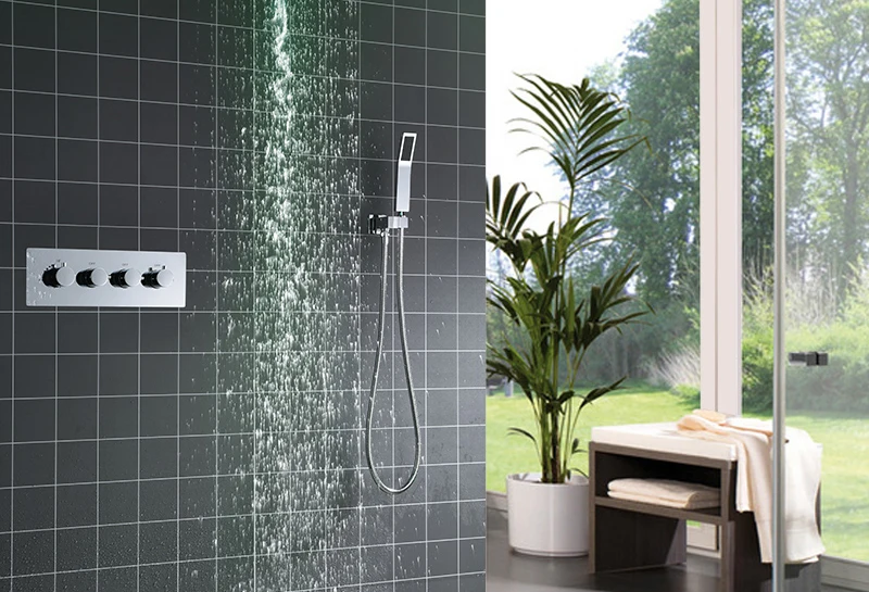 hm Shower System Double Waterfall Rainfall Large Ceiling LED Rain Shower Head Recessed Automatic Color Change Thermostatic Tap (11)