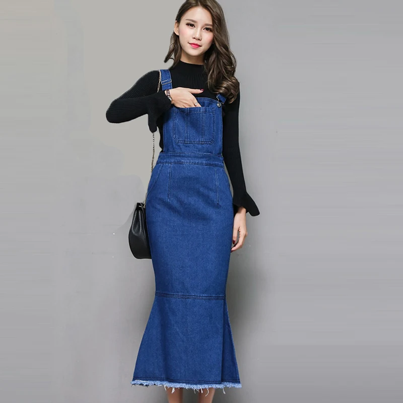 

2018 High Quality Slim Sweet Jeans Dress Women Washed Ankle Length Suspender Denim Sundress Denim Overall Dress Free Shipping