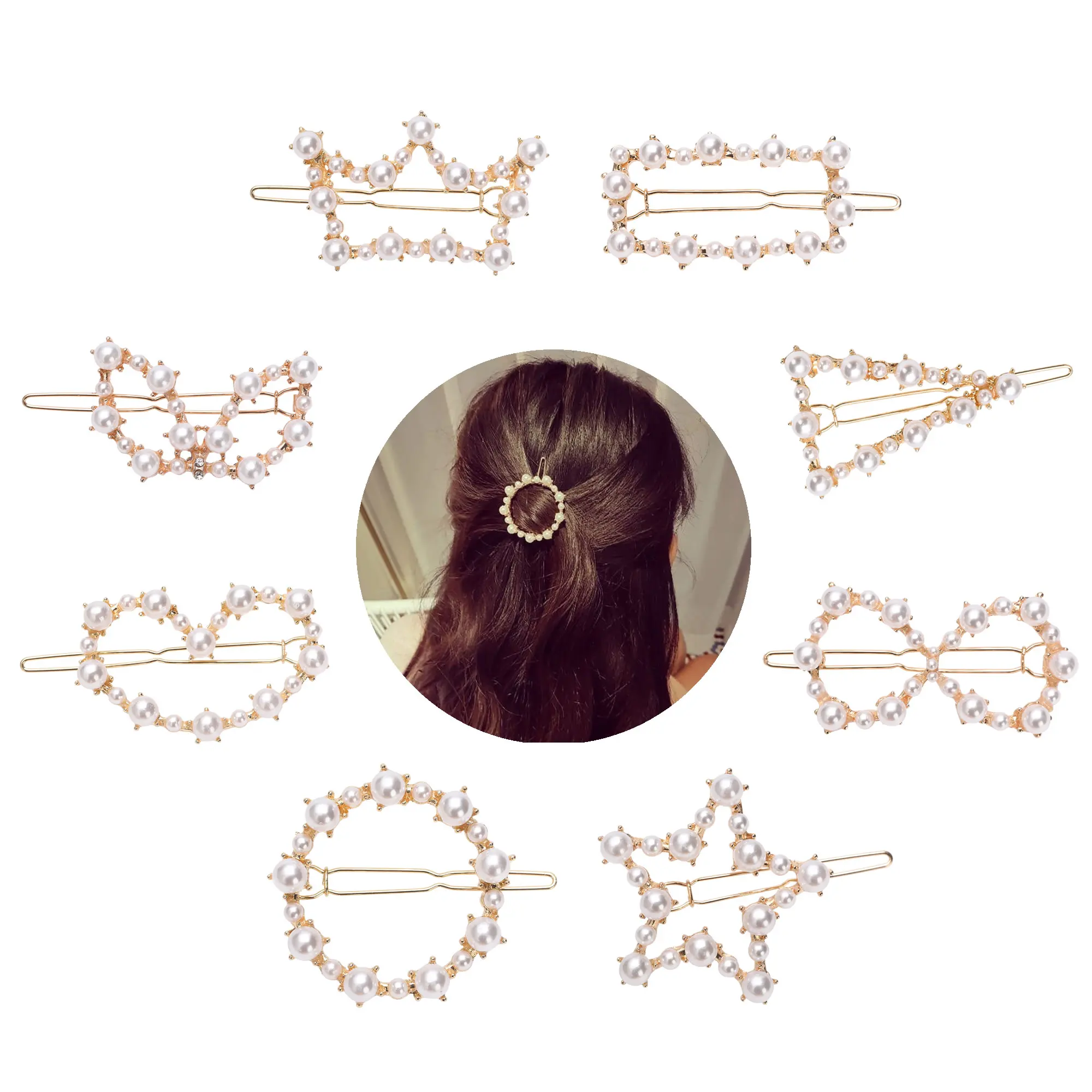 

8 Pack Gold Vintage Retro Geometric Minimalist Pearl Metal Hair Clip Snap Barrette Comb Claw Clamp Bobby Pins Alligator Hairpins