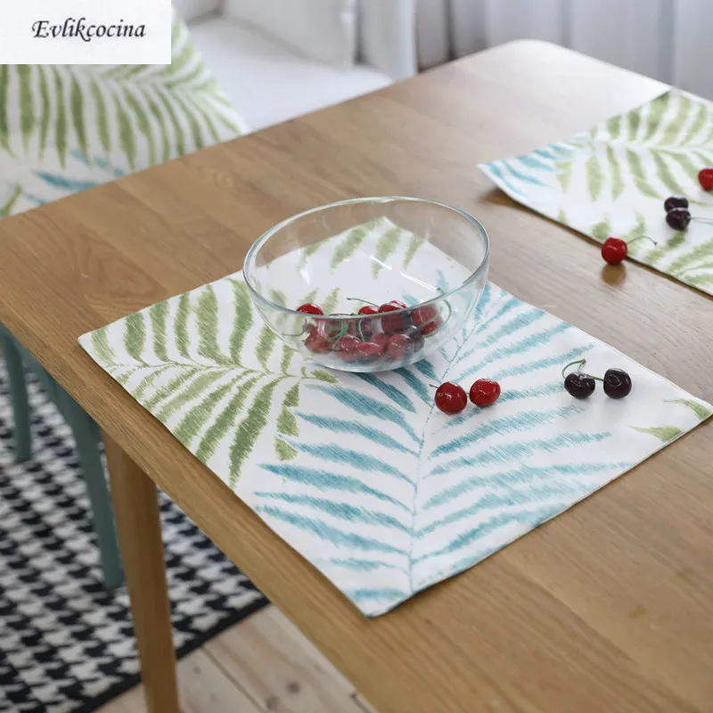 

Free Shipping Blue Green Leaves Placemat Dining Table Coaster Cloth Insulation Coffe Cup Pad Kitchen Mantel Individual For Table