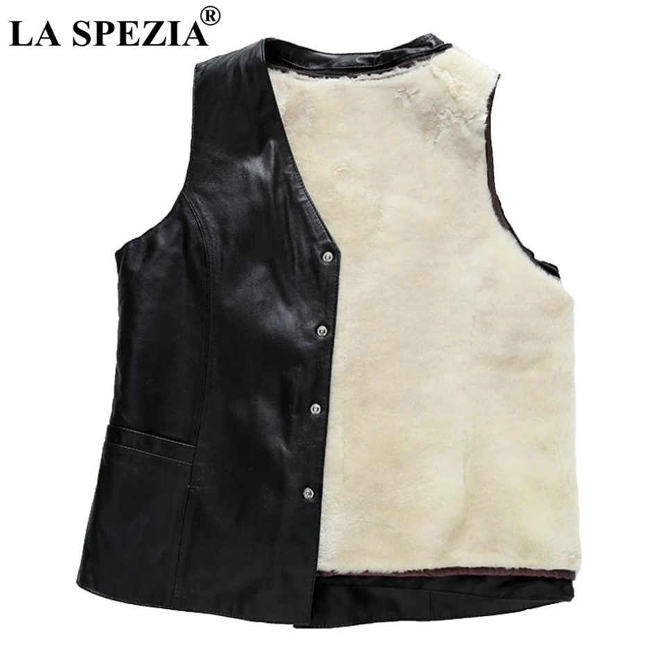 LA SPEZIA Winter Vest Women Genuine Leather Warm Waistcoat Ladies Wool Detachable Biker Real Leather Black Sleeveless Jackets