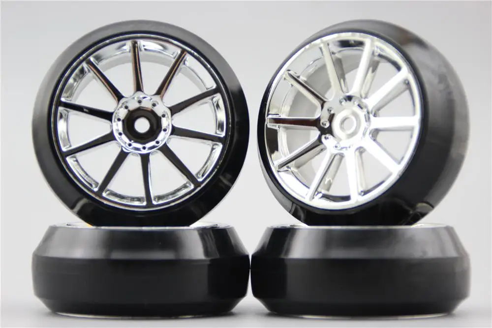 4 шт. RC 1/10 Жесткий Drift Tire обод колеса с шиной W10S1C 0 мм офсетная (хромированная)