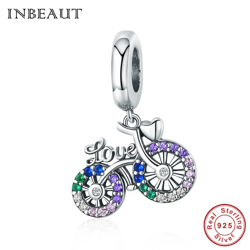 

INBEAUT 100% 925 Sterling Silver Green White Purple CZ Love Bicycle Beads Round Cute Stone Heart Bike Charm fit Pandora Bracelet