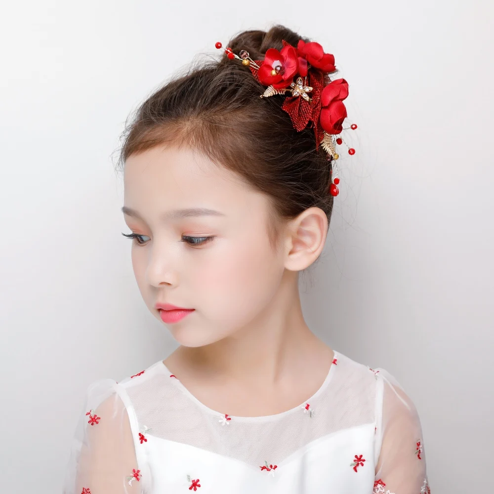 

Red Fabric Flower Hair Clip for Wedding Girls Headdress Ornament Gold Color Metal Leaves Design Barrettes Side Clips Headwear