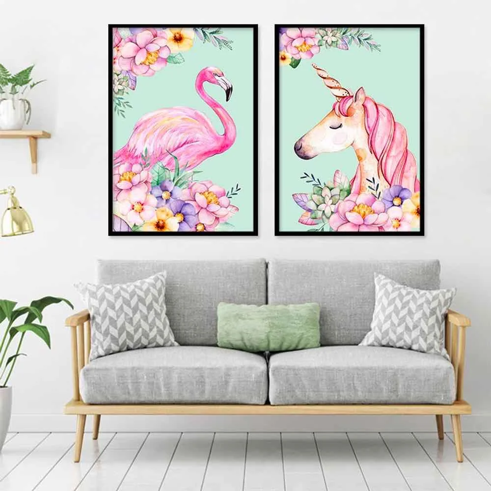 

HAOCHU Unicorn Flamingo Poster For Living Room Home Decor Painting Print Poster Simple Nordic Wall Picture Canvas Painting