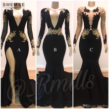 Сексуальные черные платья с глубоким v-образным вырезом для выпускного вечера Великолепные золотые кружевные аппликации с длинным рукавом с открытой спиной Вечерние платья