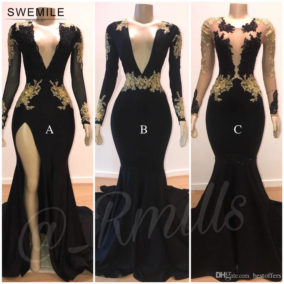 

Sexy Deep V-Neck Long Mermaid Black Prom Dresses 2019 Gorgeous Golden Lace Appliques Long Sleeve Open Back Evening Party Dresses