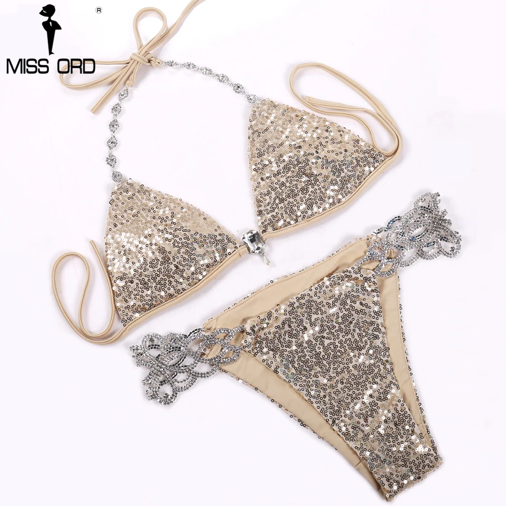 Missord сексуальное бикини с v-образным вырезом и бриллиантами на бретельках с металлической цепочкой и блестками FT6700