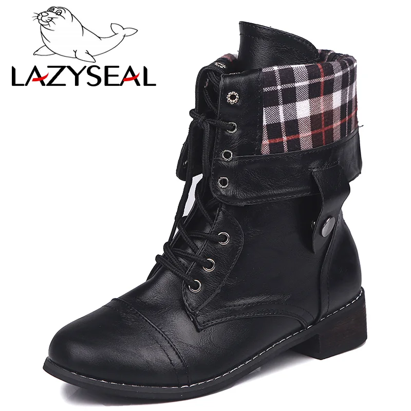 LazySeal/зимние ботинки на шнуровке с перекрестной шнуровкой Женская обувь кожаные байкерские ботинки до середины икры на деревянном квадратном каблуке на молнии в стиле милитари - Цвет: Black