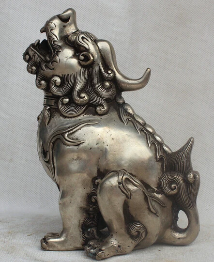

221@g++7" Old Chinese Folk Silver FengShui PiXiu Unicorn Beast Exorcise Animal Statue