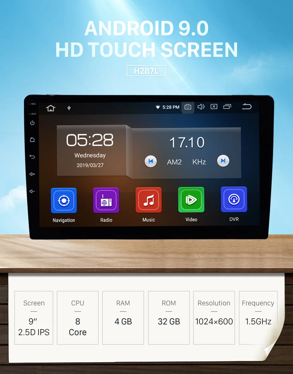 Best Harfey Android 9.0 9 inch Universal Car Radio Touchscreen Stereo GPS Navi Multimedia Player 1Din Head unit Support 4G Wifi 0