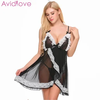 

Avidlove Women Sexy Lingerie Dress Lace Mesh Patchwork Sexy Underwear V Neck Nightgown Backless Bow Hot Erotic Sleepwear