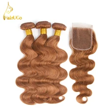 HairUGo Hair Pre-colored Peruvian Body Wave Human Hair #30 Color 3 Bundles With Closure Non Remy Hair Extensions 4Pcs