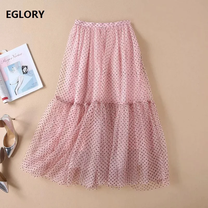 

Runway Skirt 2019 Spring Summer Fashion Long Skirt Women High Quality Mesh Polka Dot Print Ankle Length Long Maxi Skirt Club