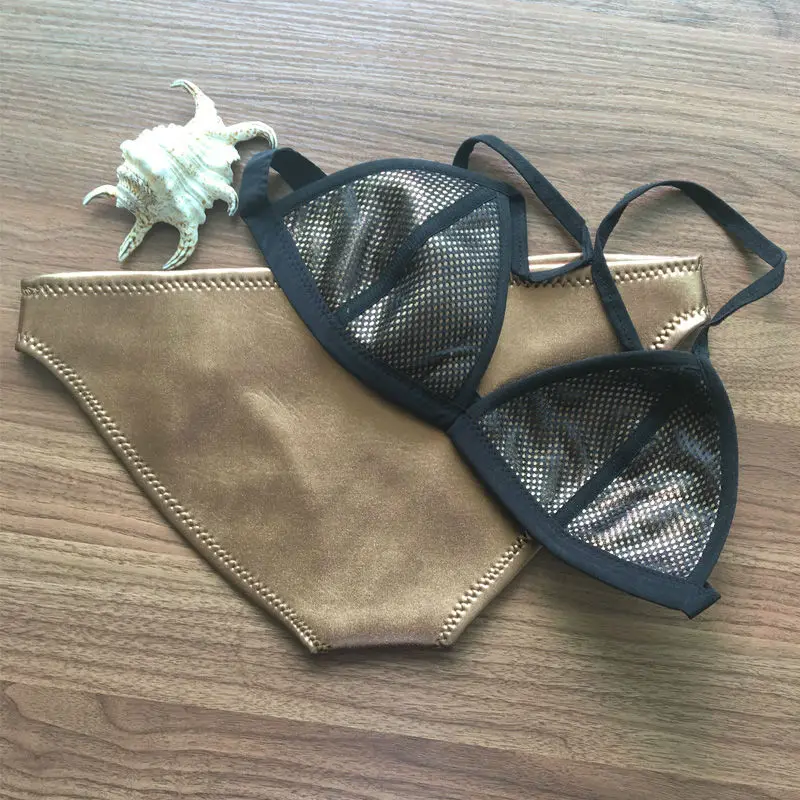 

2018 Sexy Mesh Golden Swimwear Women Neoprene Girl's Bikinis Set Neoprene Swimsuit Biquini(Top+Bottom) Two pieces suit