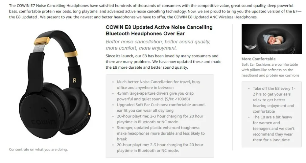 COWIN E8, активные наушники с шумоподавлением, bluetooth-наушники, микрофон, Hi-Fi, басы, беспроводные наушники, Накладные наушники для компьютера