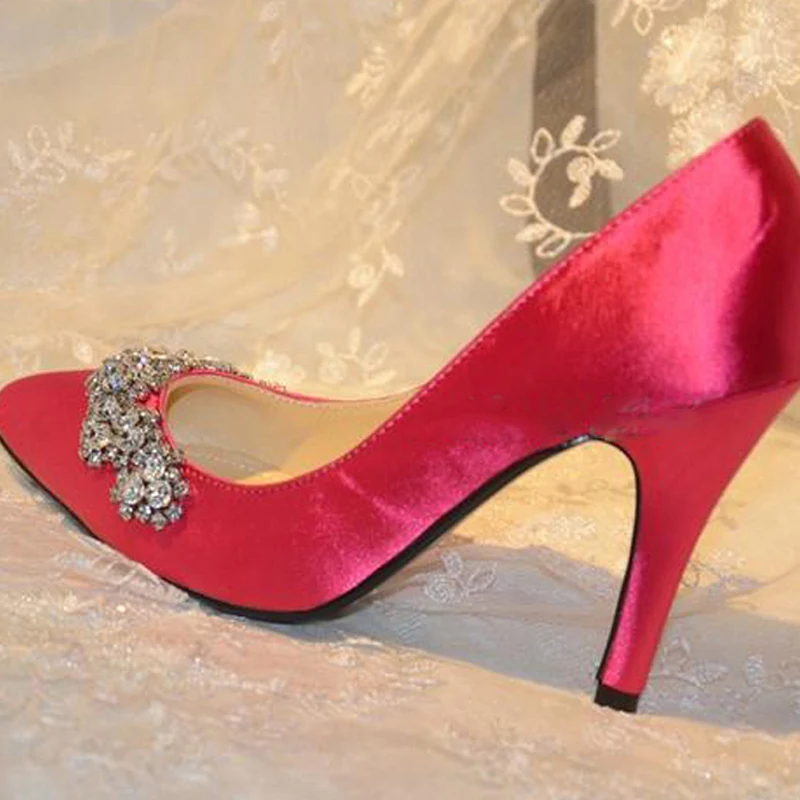 New Wedding Bridal Dress Shoes Fashion Rhinestone wedding Bridal shoes Fuchsia Bride Wedding Dress Shoes Pointed Toe Pumps