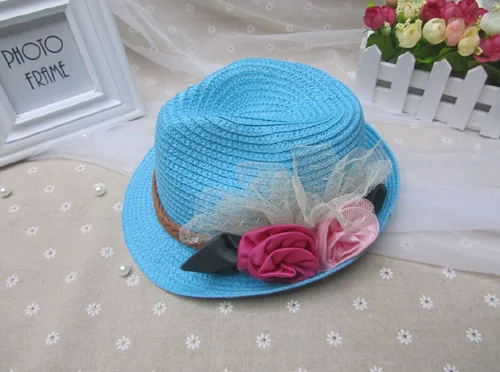 1 шт., новинка года, детские шляпы с розами в европейском стиле, весенне-летние шляпы для покупок для девочек окружность головы 51-52 см - Цвет: Небесно-голубой