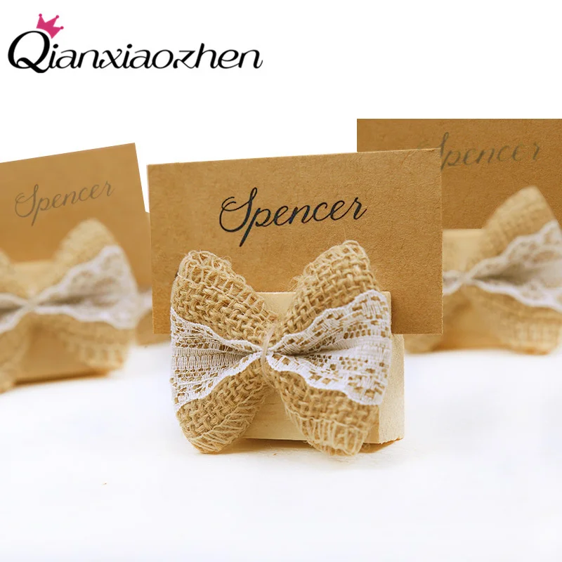 

Qianxiaozhen 4pcs Linen Lace Bow Place Card Holder Wedding Decoration Gift Centerpieces Decoracao Casamento Table Number Holder