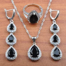 Благородное серебро 925 ювелирные наборы капли воды черный кубический цирконий женские свадебные серьги подвеска ожерелье кольцо браслет JS0183