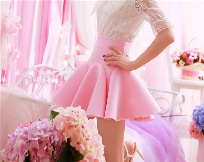 Women Lady Puff Skirt Waved Cute Sweet High Waist Mini Stretchy Elastic