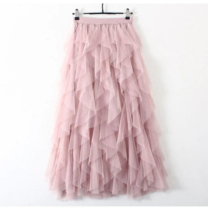 

2019 Korean Fashion Tutu Tulle Skirt Women Long Maxi Skirt Spring Summer Autumn Black Pink Grey High Waist Pleated Skirt Female