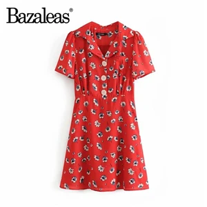 Bazaleas винтажное красное женское платье с цветочным принтом, модное женское платье с 3 пуговицами, повседневное платье, Прямая - Цвет: O43 red 6806