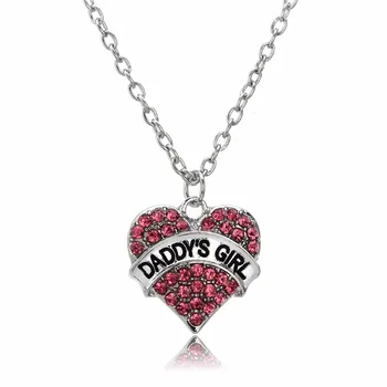 

Bespmosp 24PCS/Lot Wholesale Daddy's Girl Father"Day Gift Pink Crystal Heart Pendant Charms Chain Necklace Rhinestone Jewelry