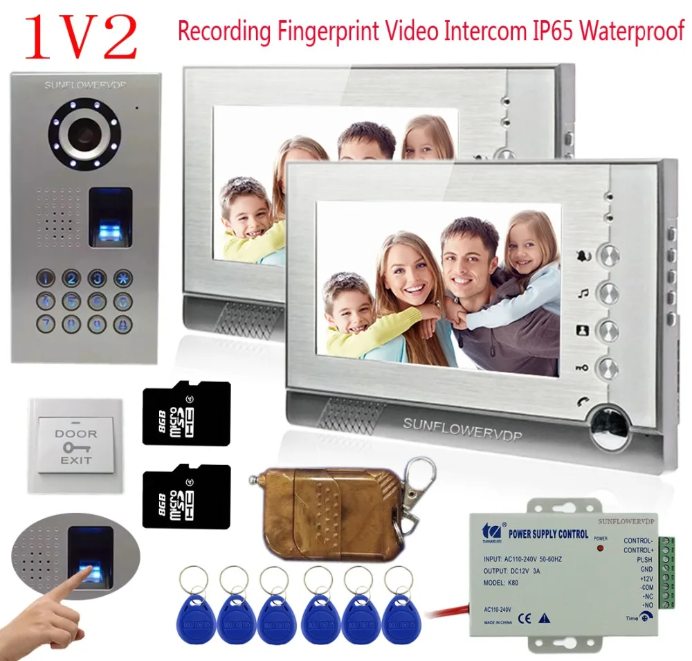 

Video Recording Wired Home Video Intercom 7" Color Monitor 2 Units Intercom With Camera Fingerprint/Rfid/Keypad+Remote Control