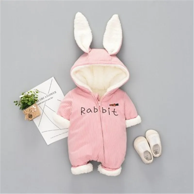 Новинка; зимняя флисовая бархатная одежда с кроликом для маленьких мальчиков и девочек; зимние детские комбинезоны; теплая одежда для новорожденных; верхняя одежда - Цвет: Розовый