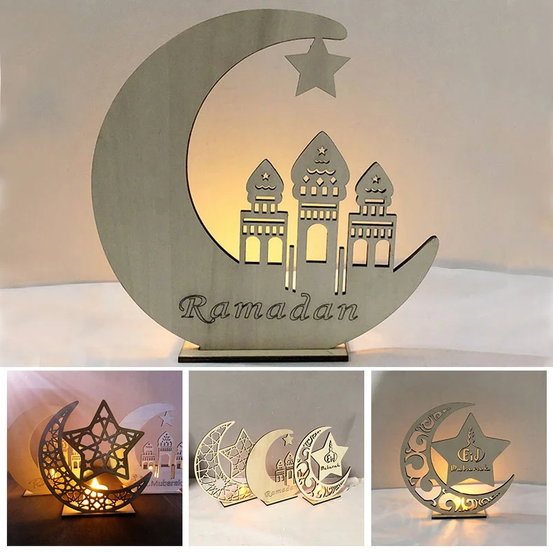 

Romantic LED Tealight Ramadan Wooden Eid Mubarak Table Decoration Holiday Decor Mosque Crescent Islam Muslim Home Candles Light