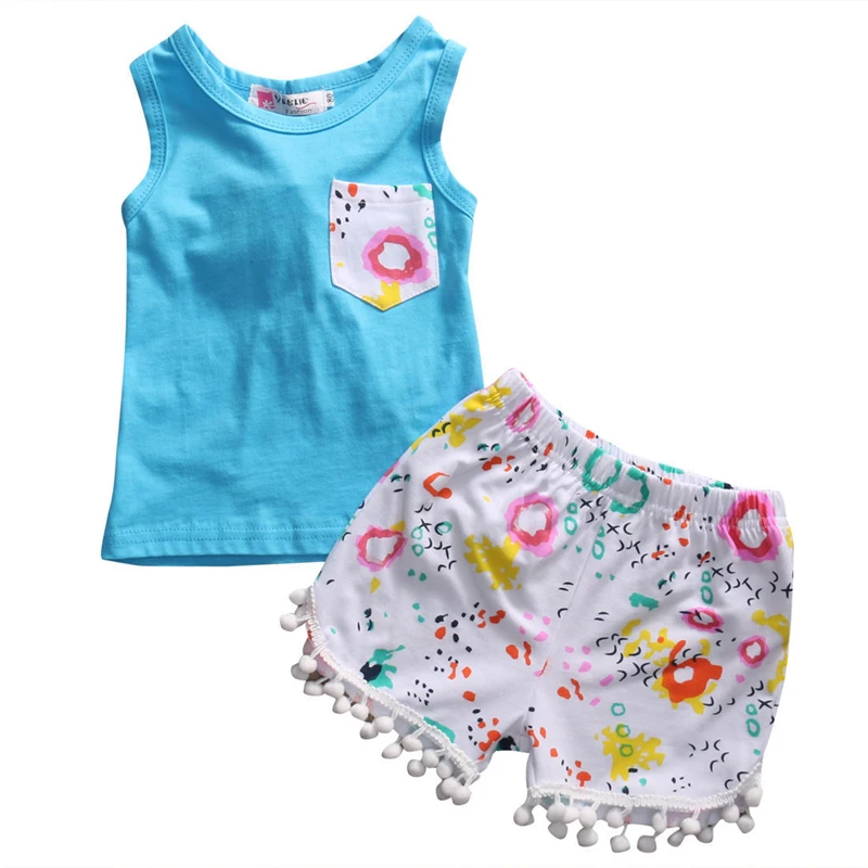 2017 Summer Girl T shirt+Short Pant 2PCS Kids Girls Tops Floral T shirt