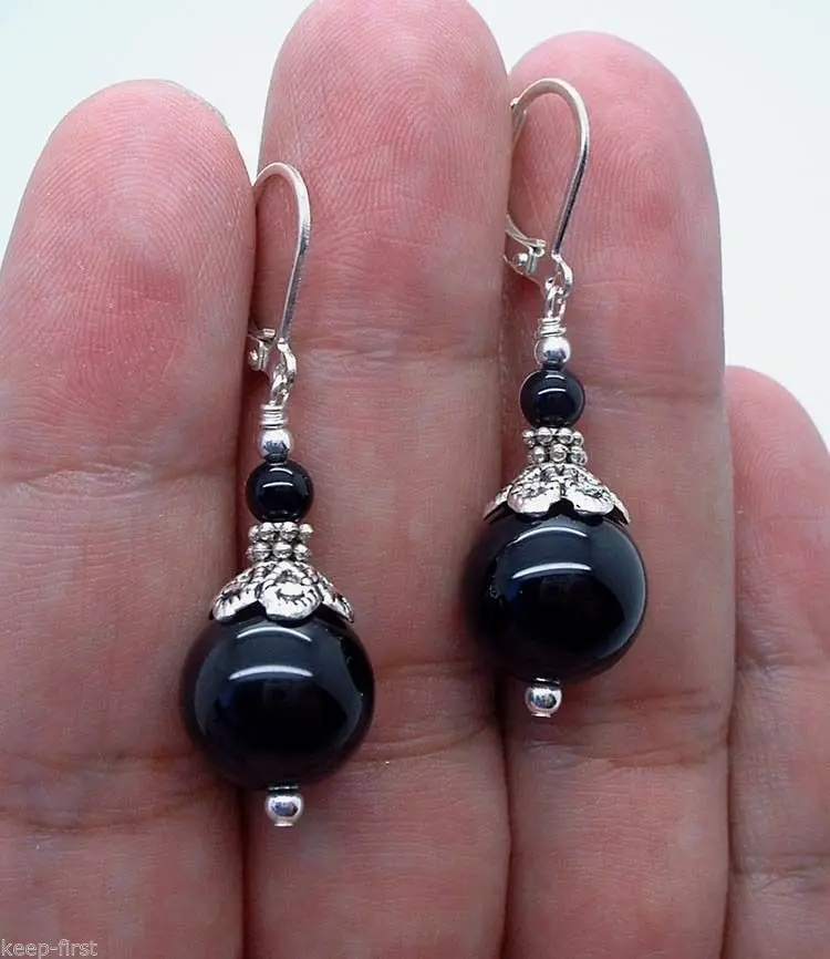 

Hot selling>>> Free shipping Fashion Dangle Black Agate Beads Sterling Silver Earrings Eardrop -Bride jewelry free shipping