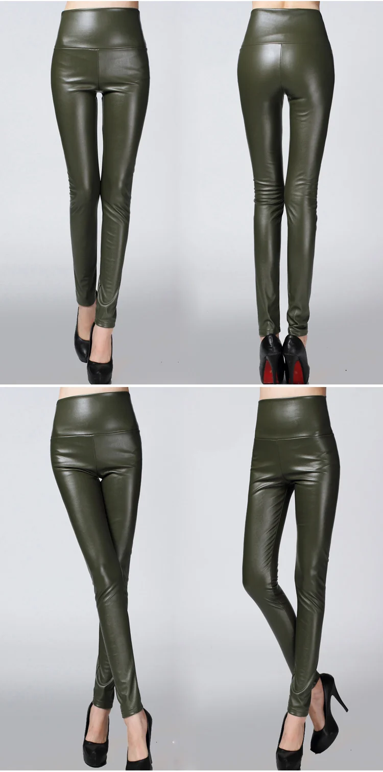Autumn and winter large size with fleece PU color imitation leather leggings high waist tight leather trousers for women slim (22)
