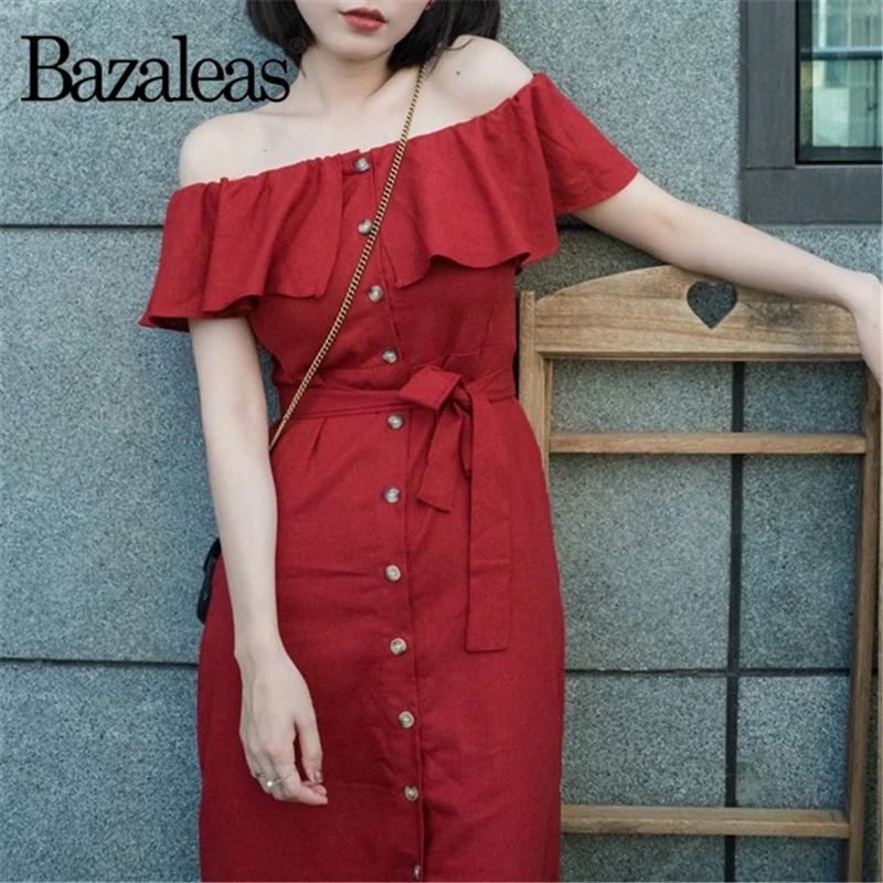 

Bazaleas Off Shoulder Women vestidos Center Buttons Dresses Fashion Vintage Red Midi Dress Casual Waist Tie Cotton Women Dress