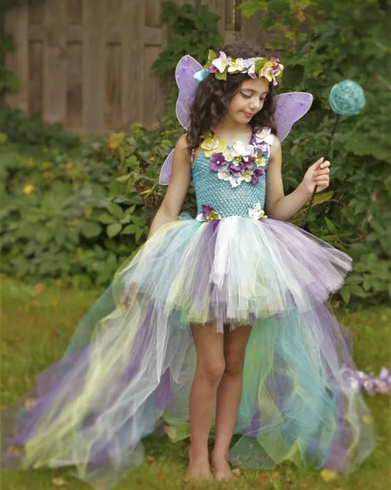 Сказочное платье-пачка с цветами и крыльями для девочек; Детские праздничные платья на свадьбу и день рождения со шлейфом; праздничный костюм феи