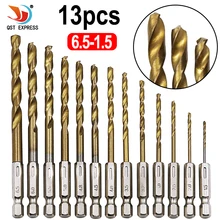 Brocas revestidas de titânio, aço de alta velocidade 13 pçs/lote hss conjunto de 1/4 haste hexagonal 1.5-6.5mm