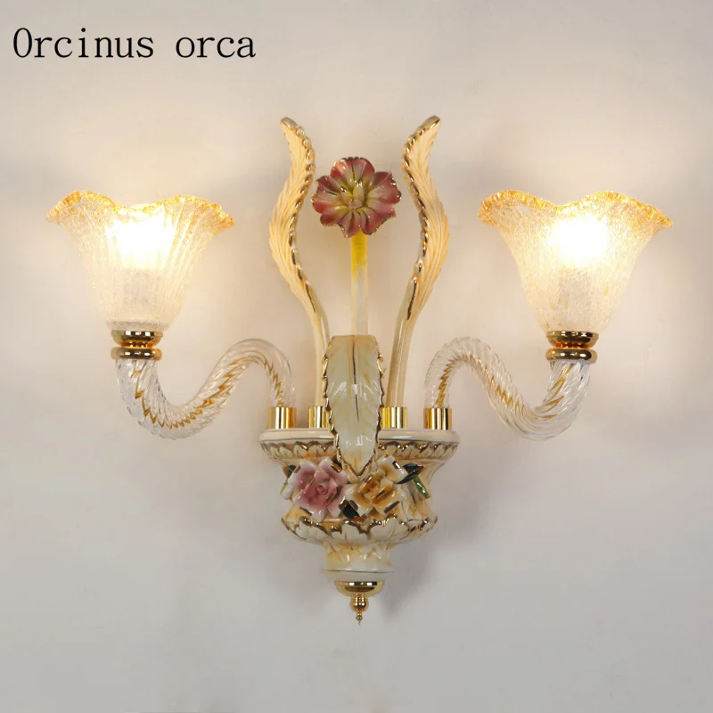

European style ceramic white flower wall lamp living room corridor bedroom bedside lamp American style painted LED wall lamp