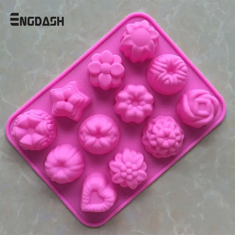 

ENGDASH 1pc 12 Patterns Cake Muffin Moon Cake Silicone Molds DIY Handmade Soap Trays Kitchen Baking Cake Tools High Quality