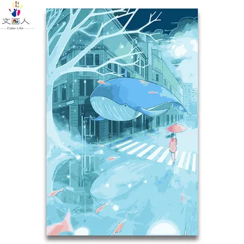 

DIY Painting By Numbers whale and girl in Dream City picture with kits diy draw Anime pictures Coloring By Numbers for girl room