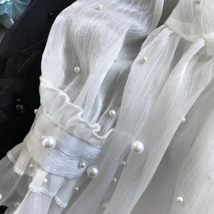 Весенние свободные женские шифоновые рубашки с длинными рукавами и кружевным воротником прозрачные женские шифоновые блузки с бусинами