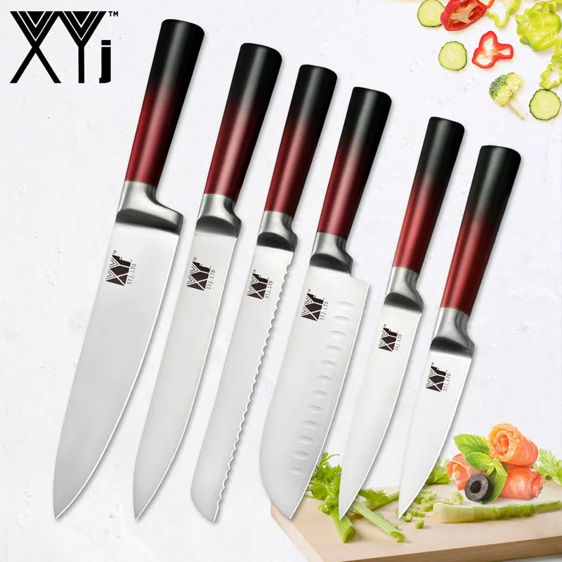XYj набор кухонных ножей из нержавеющей стали с красной и черной ручкой того же цвета, 8 дюймов, подставка для ножей, точилка для ножей, кухонный набор для приготовления пищи - Цвет: 6 Pcs Set