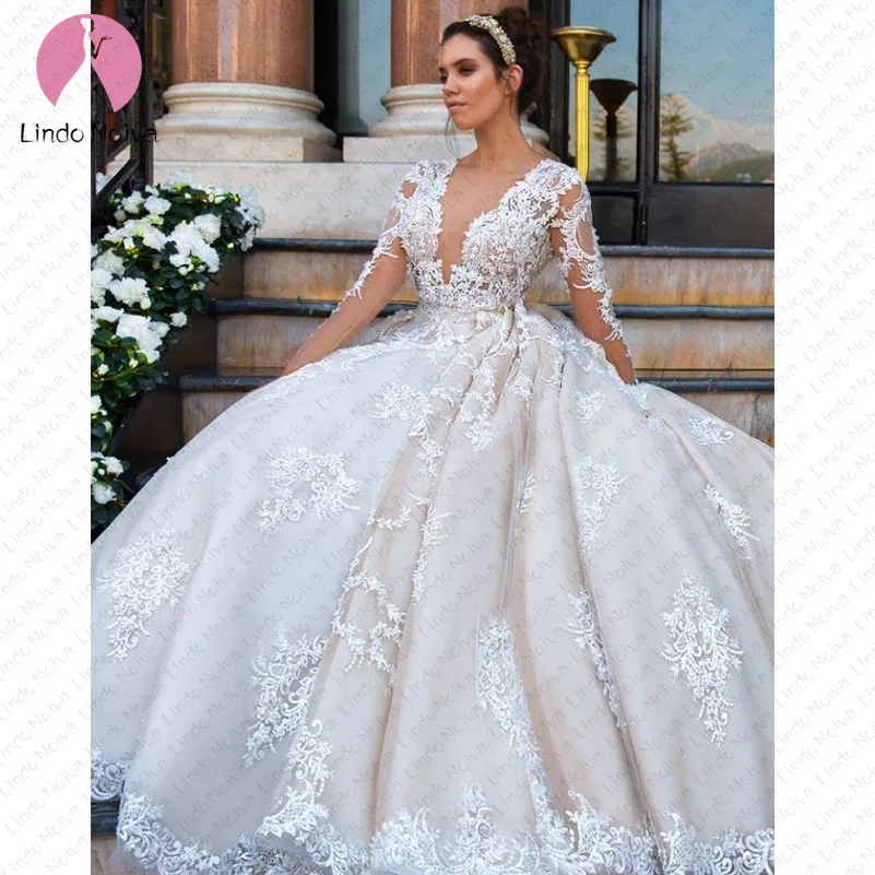 Женское свадебное платье с длинным рукавом Vestido De Noiva бальное глубоким v образным
