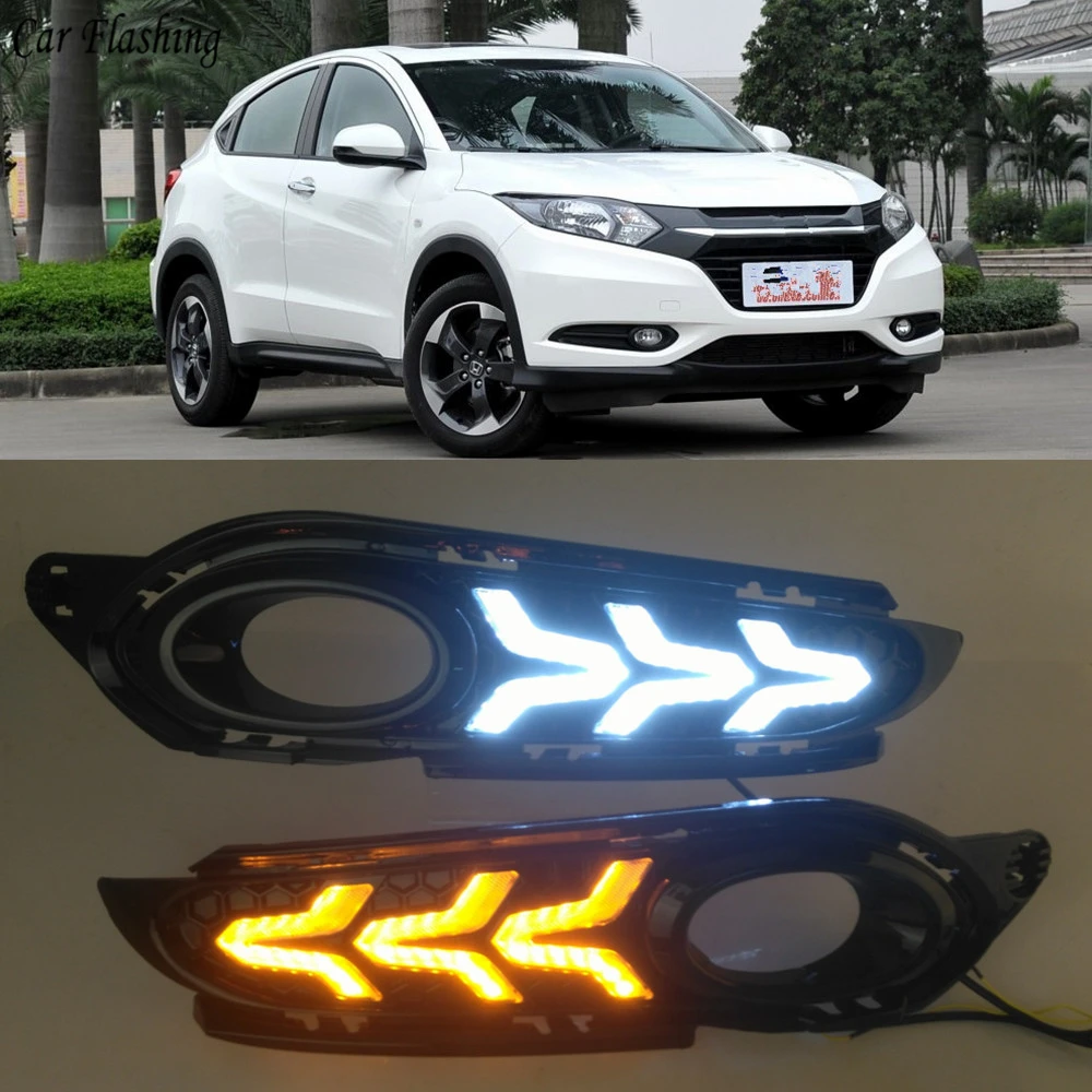 

CSGJMY 1Set Car LED DRL Daytime Running Light Daylight With Yellow Turn Signal For Honda HRV HR-V Vezel 2014 2015 2016 2017 2018