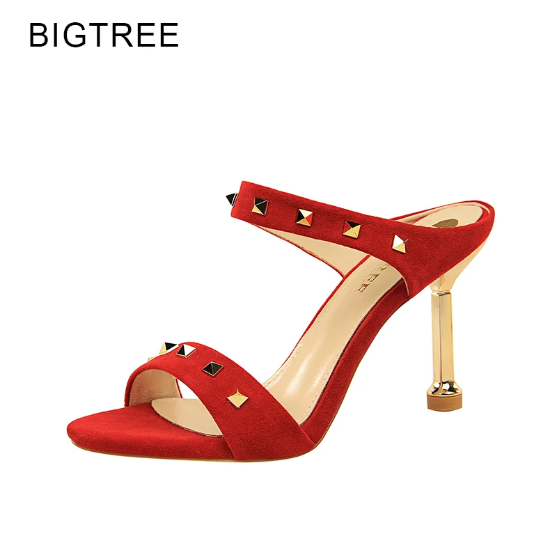 

BIGTREE High Heels 2018 New Summer Shoes Woman Fashion Rivet Mule Women Outdoor Slippers Flock Women's Sandals Size 34 40